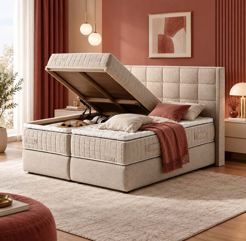 Stauraumbett Doppelbett Beige 180 x 200 cm mit Polyesterbezug und geteiltem Bettkasten