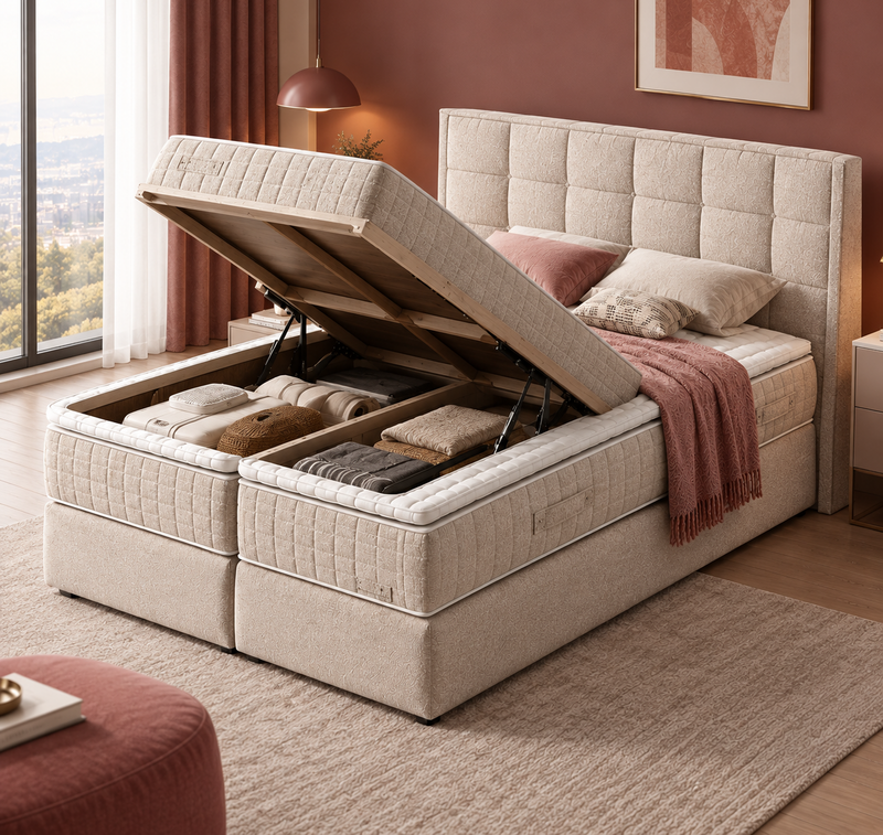 Stauraumbett Doppelbett Beige 180 x 200 cm mit Polyesterbezug und geteiltem Bettkasten