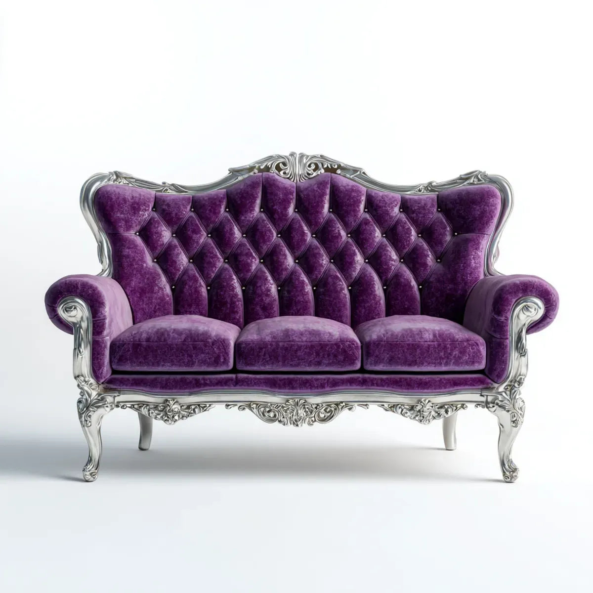 3-Sitzer Sofa Violett mit Polyester-Samtbezug und silberfarbenem Massivholzrahmen geschwungene Form 210 x 90 x 120 cm